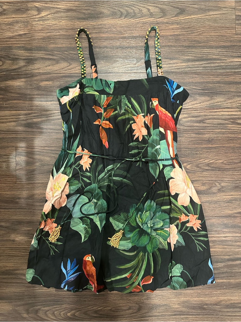 FARM Rio Midnight Macaw Fiesta Black Tropical Mini Dress Beaded Detail Large L